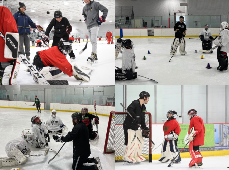 Hockey Instructor with Younger Kids in Hockey Gear 